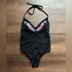 PINK Victoria Secret halter swimsuit one piece black bathing suit embroidered S